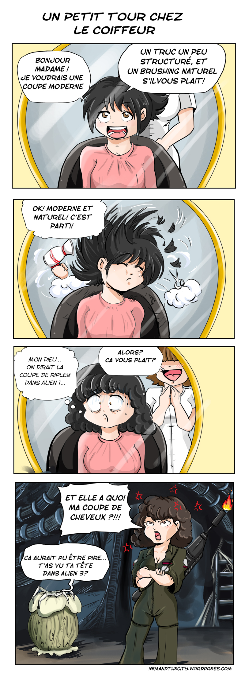 comic strip d'une mésaventure chez le coiffeur, et référence à Alien